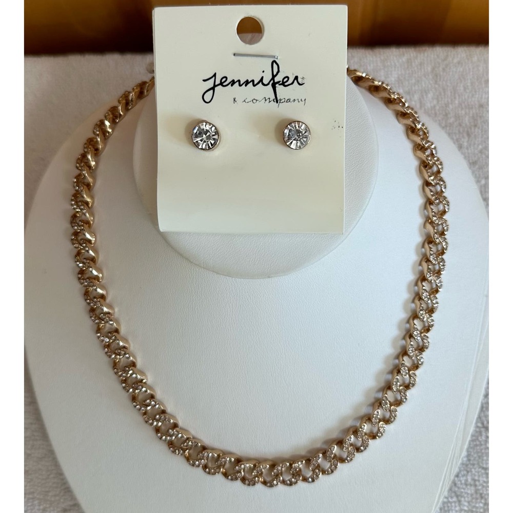 Jennifer & CO. Women’s Gold & Crystal Earring Necklace Set, Reversible, NEW!